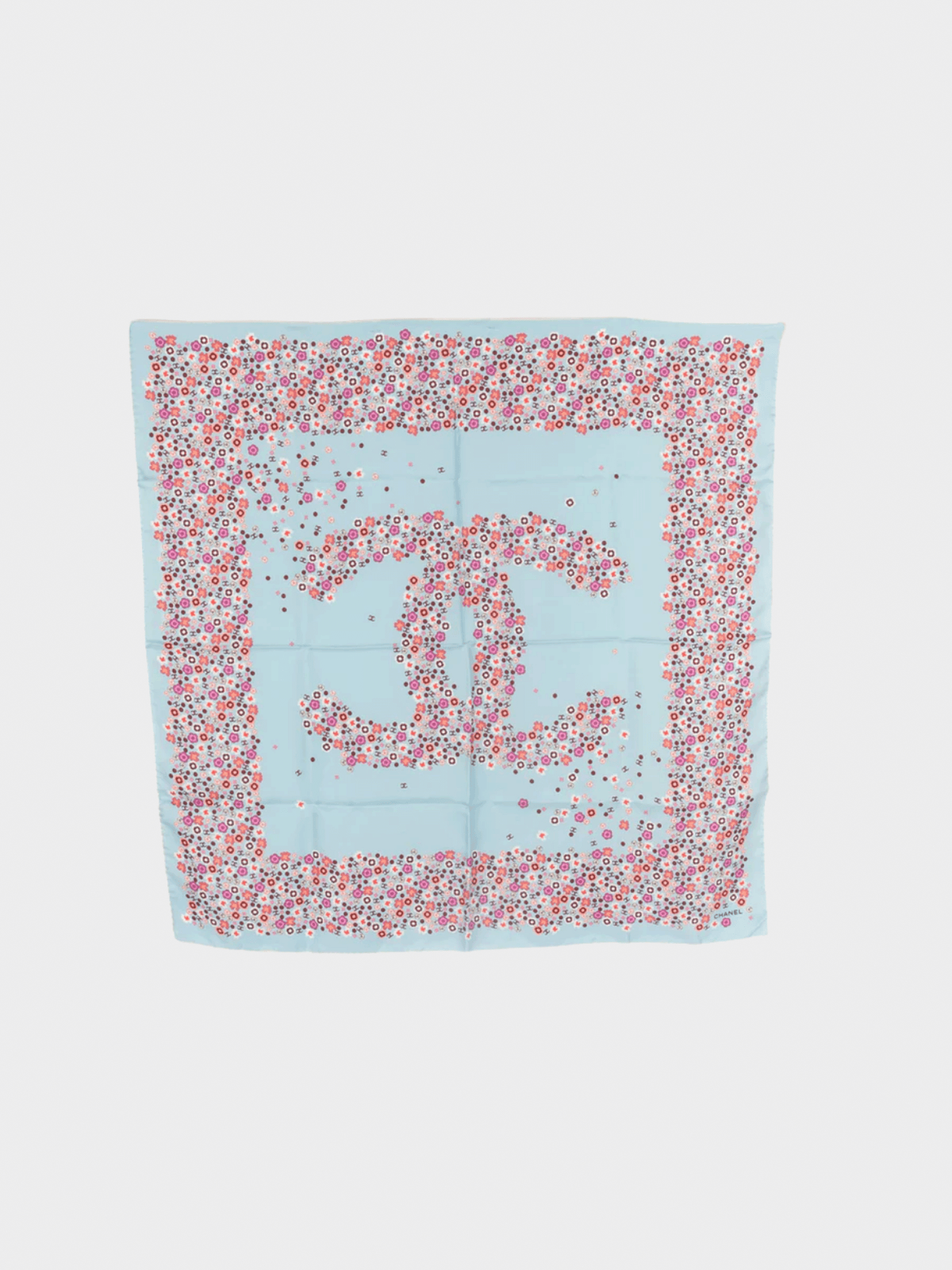 Chanel 2000s Baby Blue and Pink Floral Silk Scarf