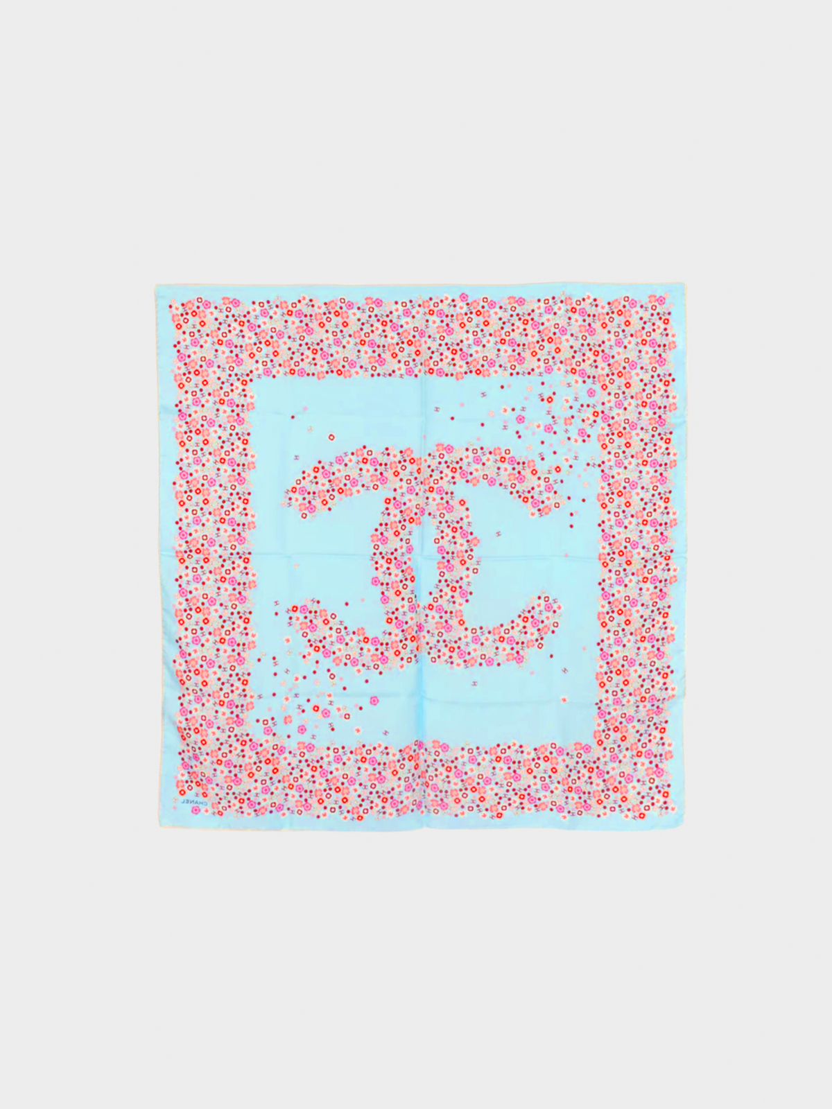 Chanel 2000s Baby Blue and Pink Floral Silk Scarf