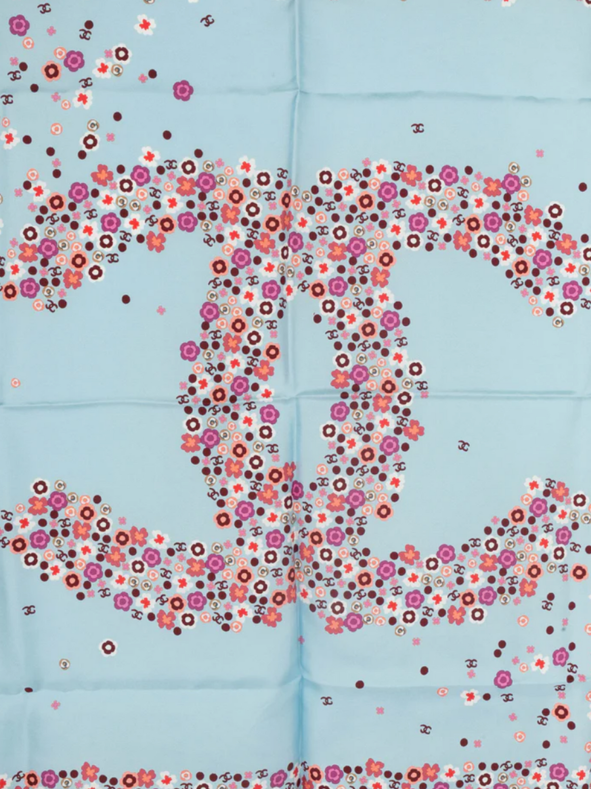 Chanel 2000s Baby Blue and Pink Floral Silk Scarf