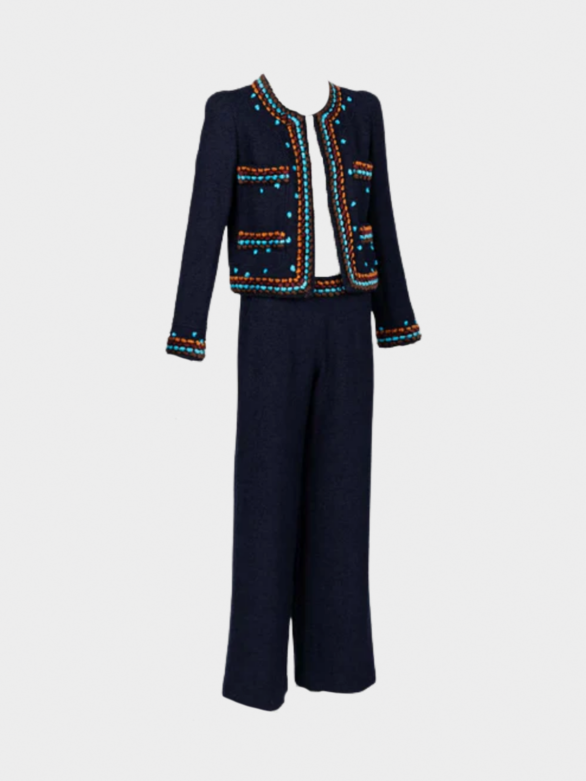 Chanel FW 1997 Runway Navy Boucle Cropped Jacket Pants Suit