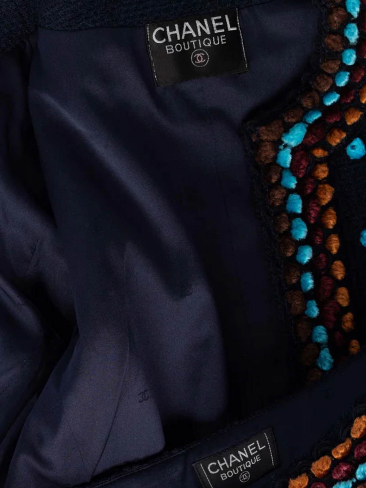 Chanel FW 1997 Runway Navy Boucle Cropped Jacket Pants Suit