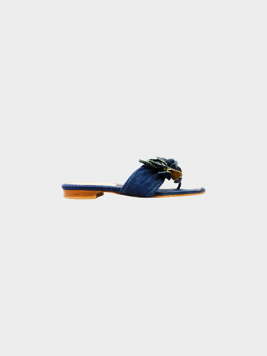 Chanel 2000s Blue Denim Camellia Sandals