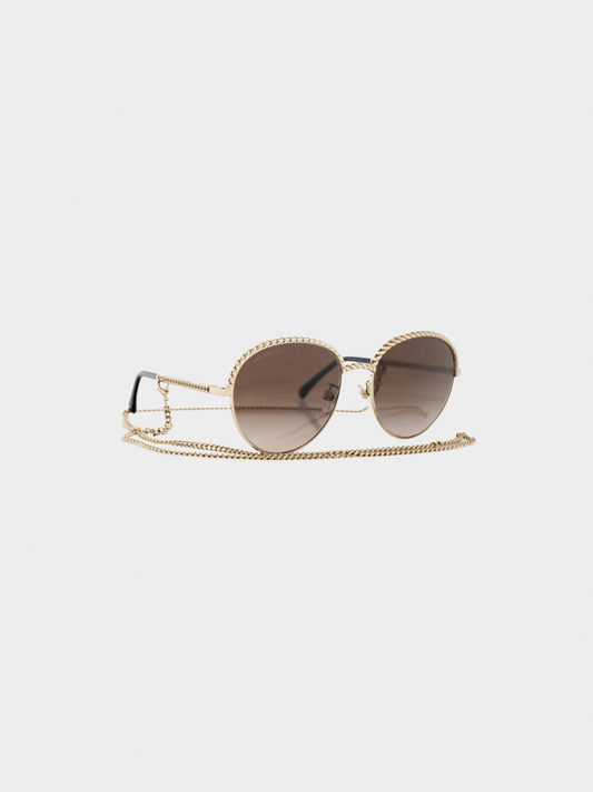 Chanel 2010s Pantos Gold-Tone & Black Metal-Chain Sunglasses