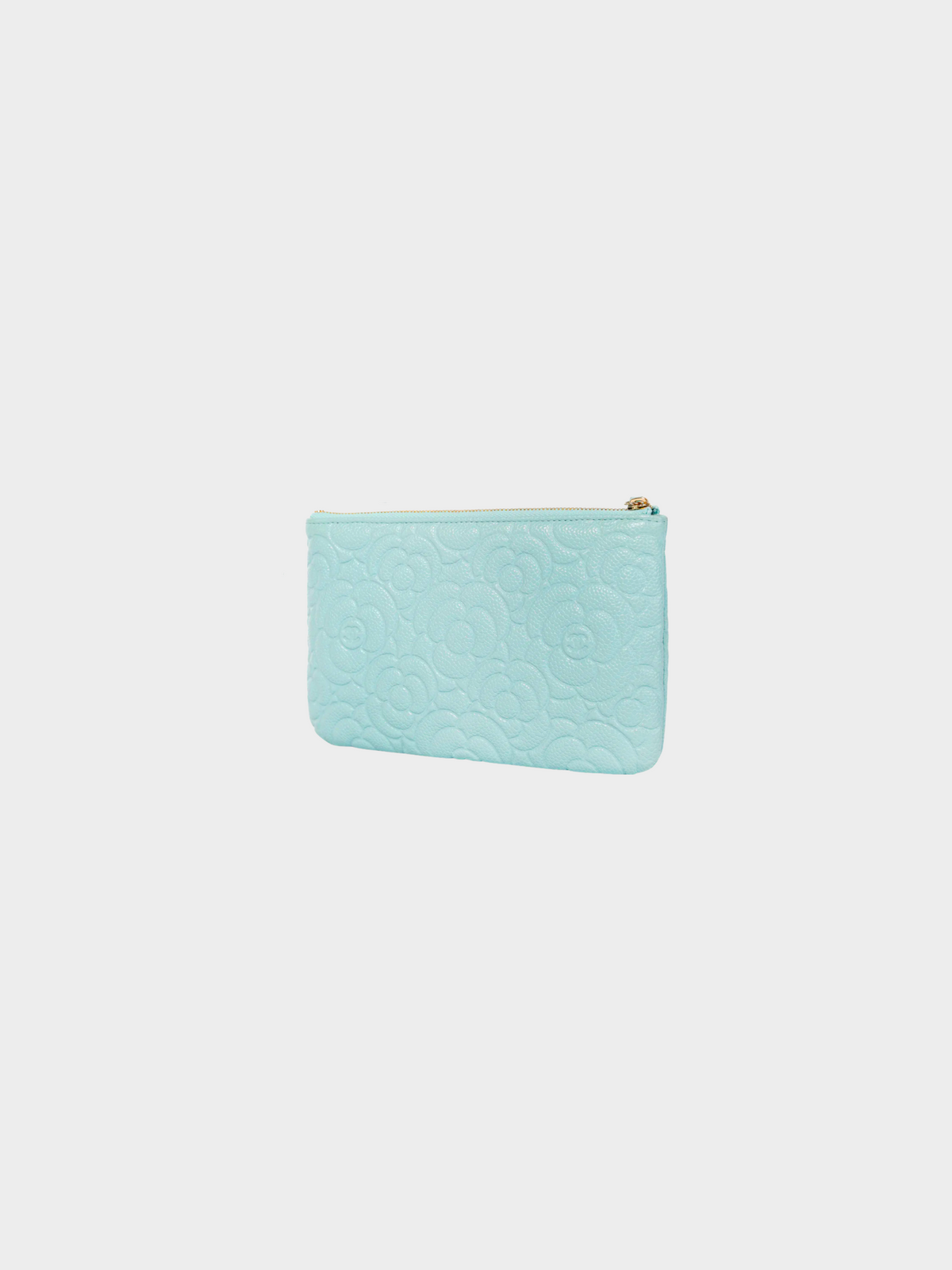 Chanel 2020 Light Blue Caviar Camellia-Embossed Small O-Case Pouch