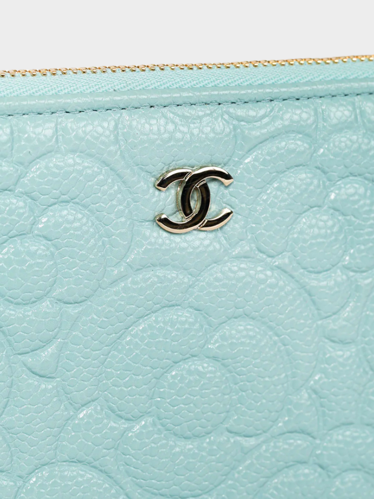 Chanel 2020 Light Blue Caviar Camellia-Embossed Small O-Case Pouch