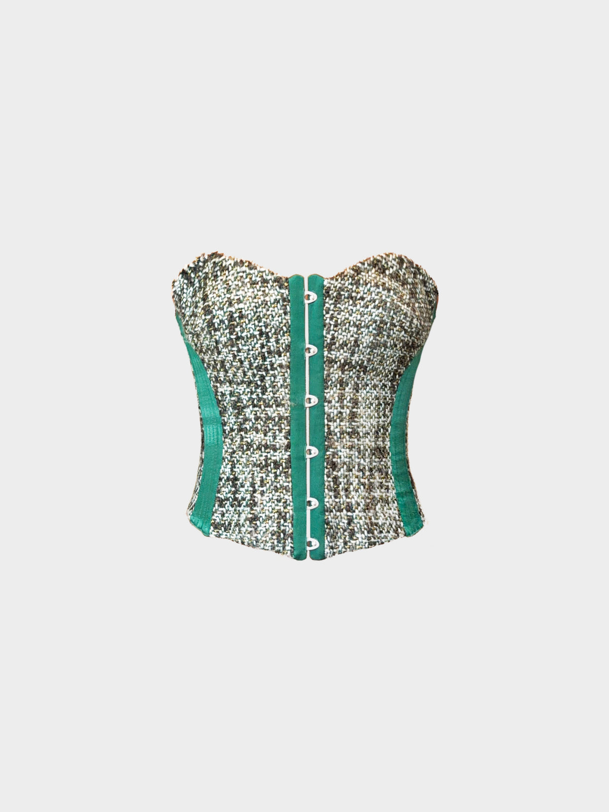 Roberto Cavalli FW 2005 Green Satin and Neutral Tweed Strapless Corset