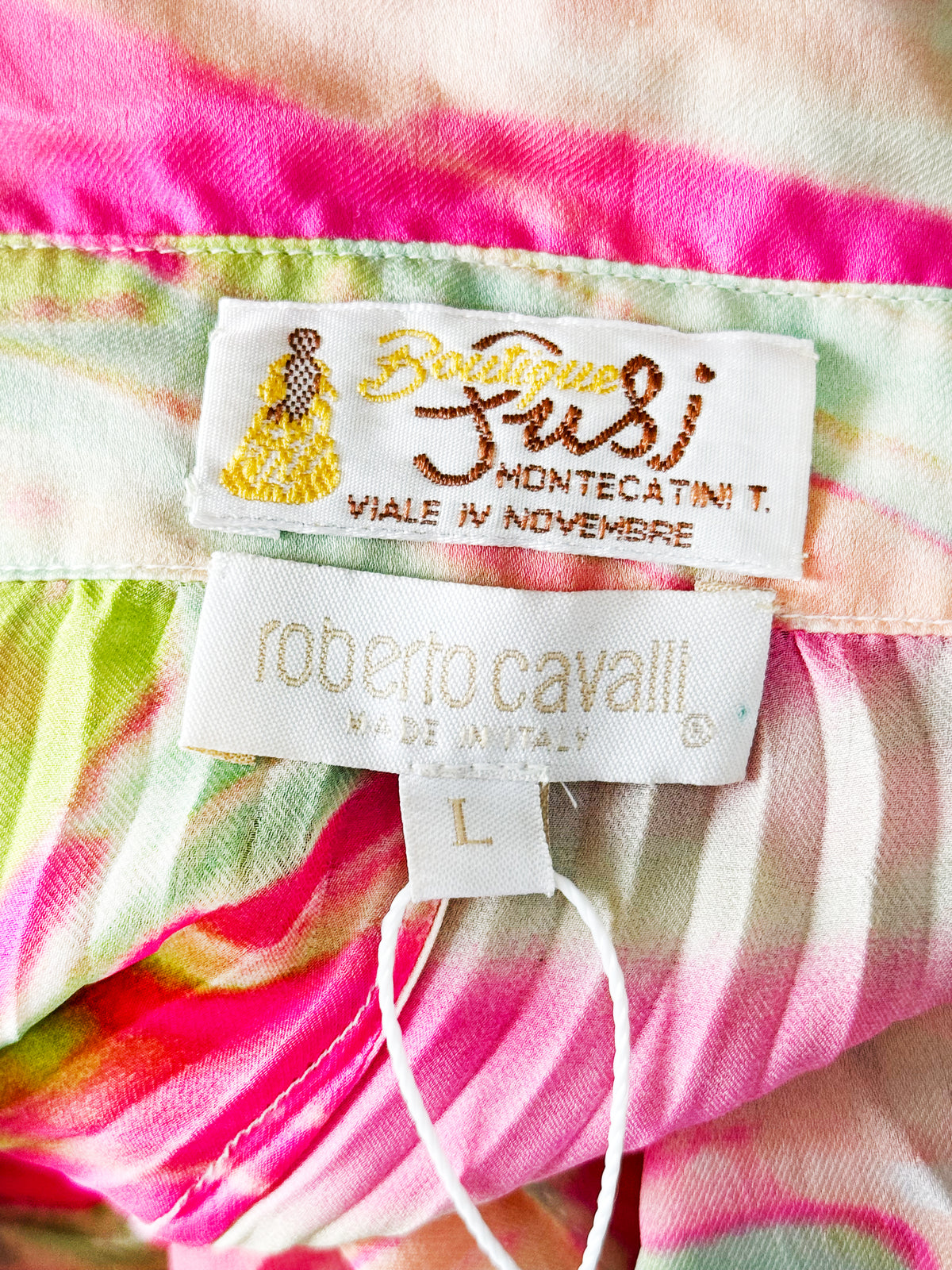 Roberto Cavalli 2000s Pink and Green Abstract Print Sheer Long Sleeve Top