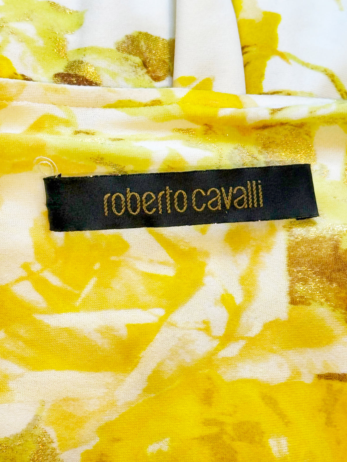 Roberto Cavalli 2006 Yellow and White Floral Print Quarter-Sleeve Dress