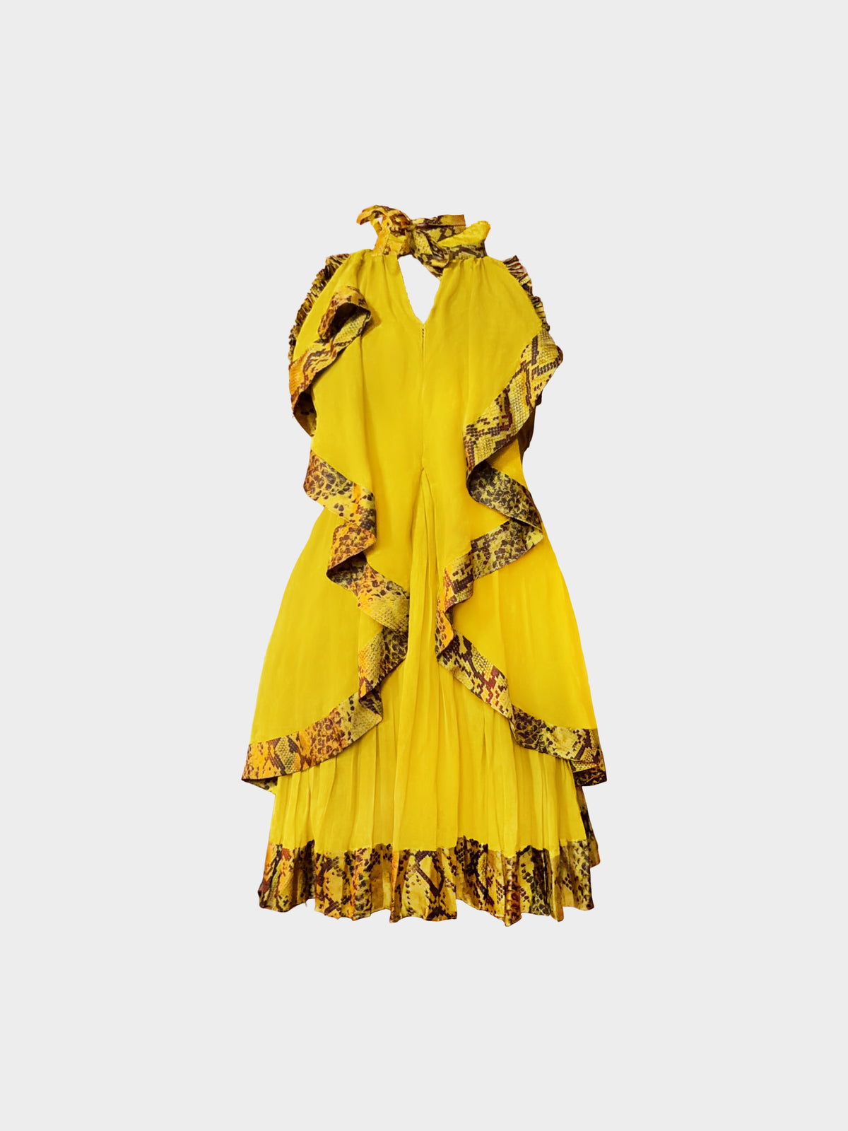 Roberto Cavalli 2000s Yellow Silk Python Trim Ruffled Dress