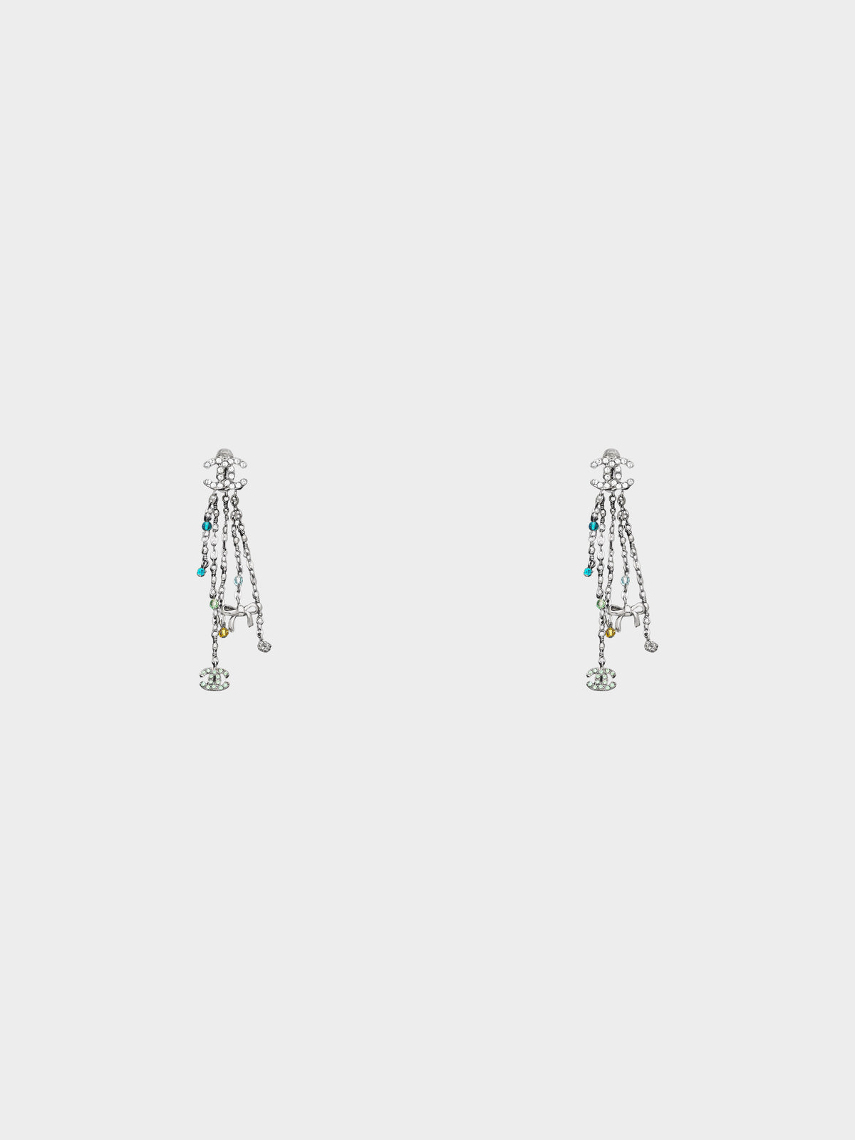 Chanel 2007 Silver CC Rhinestone and Beads-embellished CC Clip-on Drop Earrings