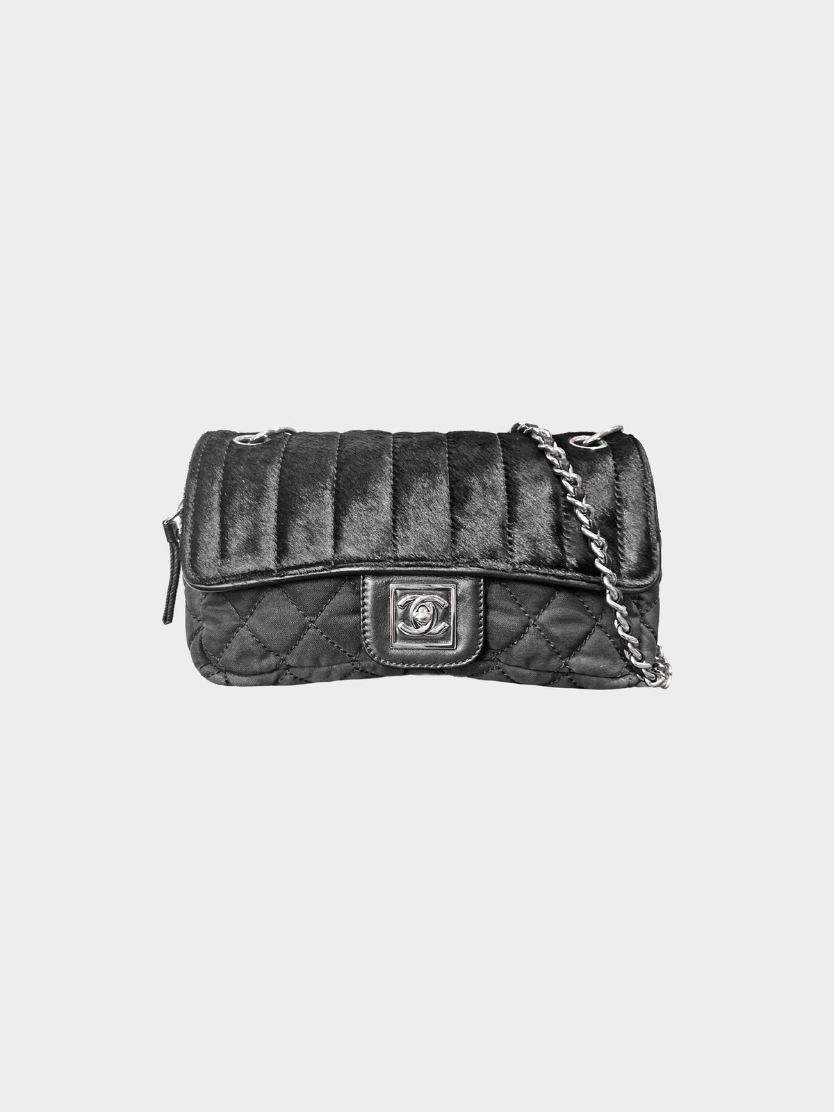 Chanel 2005-2006 Black Harako Leather and Canvas Quilted CC Sport Flap Bag
