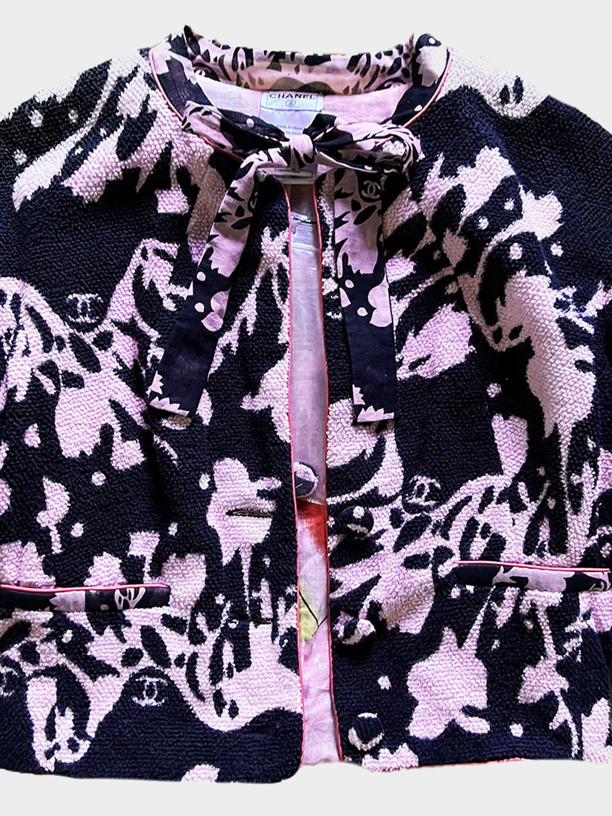 Chanel SS 2005 Karl Lagerfeld Rare Black and Pink Floral Bikini and Terrycloth Cropped Blazer Set