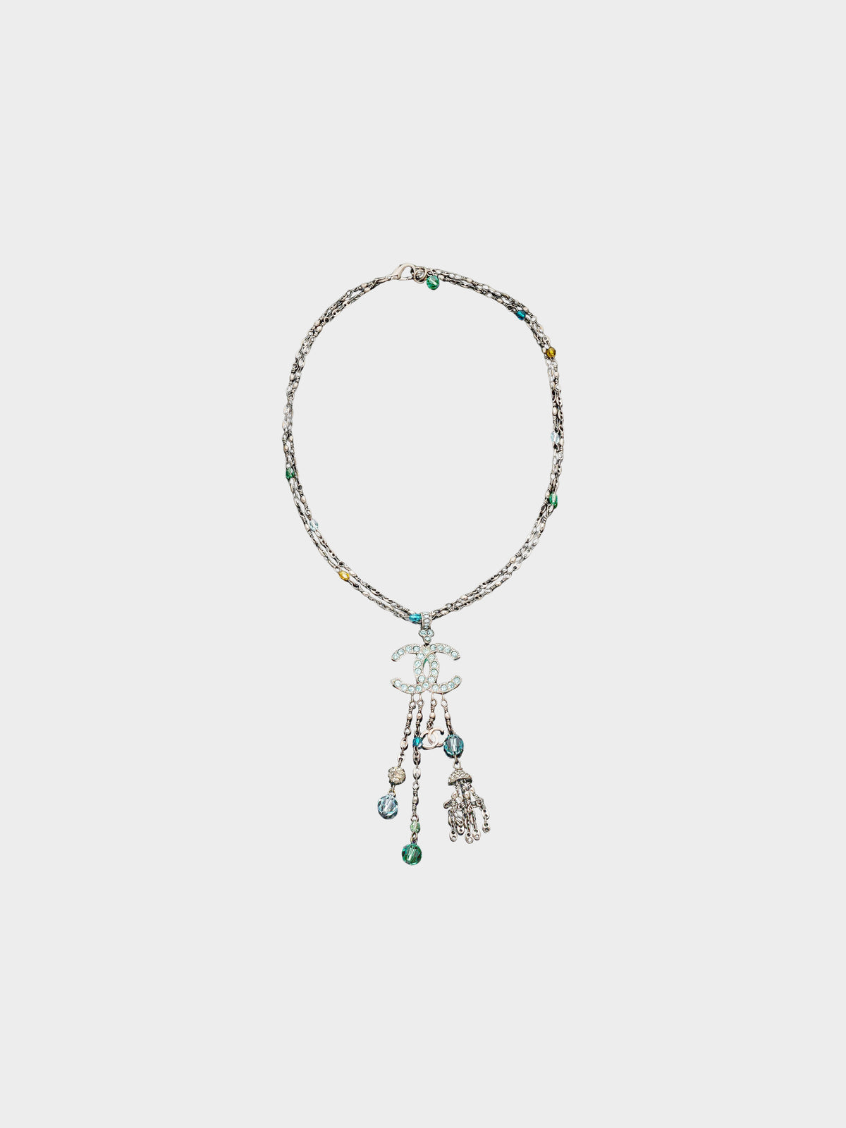 Chanel 2000s Rare Silver Chain Link CC Necklace with Rhinestones and Beads