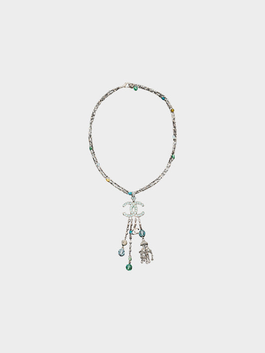 Chanel 2000s Rare Silver Chain Link CC Necklace with Rhinestones and Beads