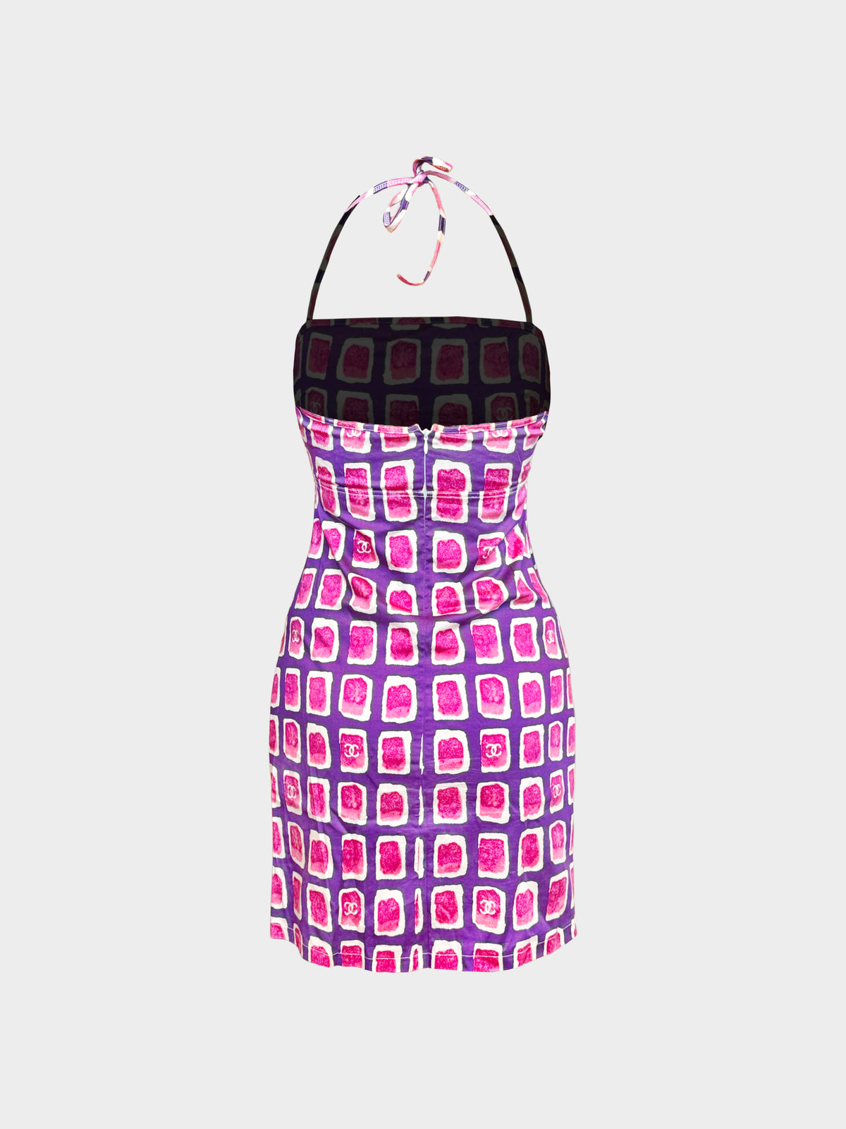 Chanel by Karl Lagerfeld SS 2001 Pink and Purple Watercolor Grid Pattern Halter Dress