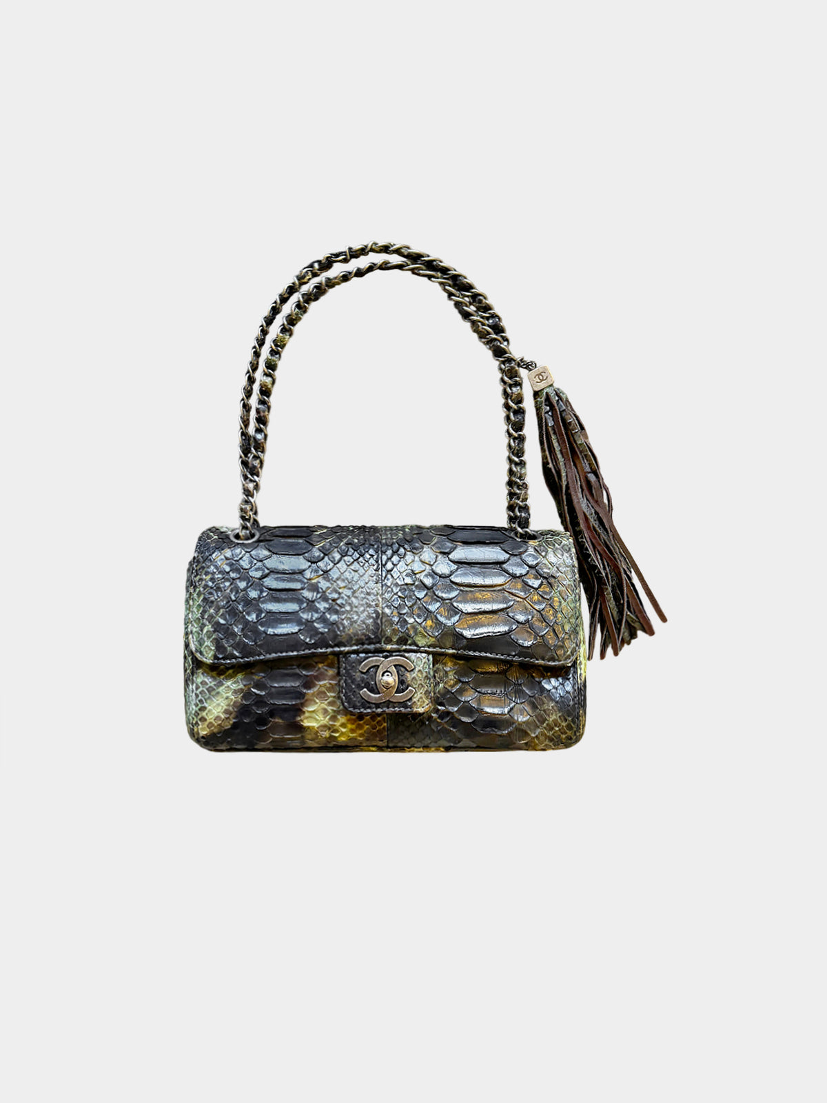 Chanel 2005-2006 Khaki Python Leather Medium Classic Single Flap Bag