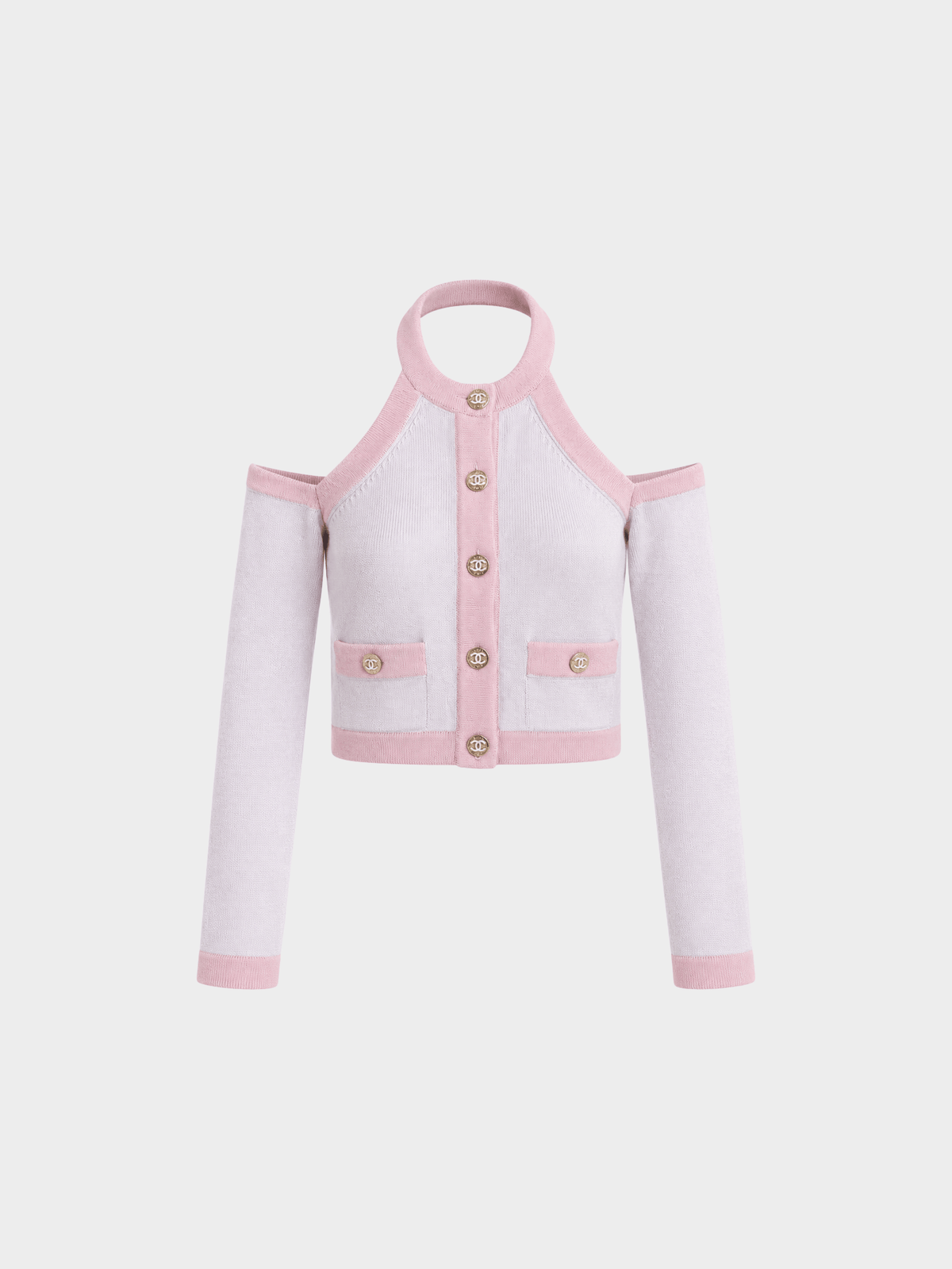 Chanel SS 2023 Pink Knit Halter Top with Sleeves