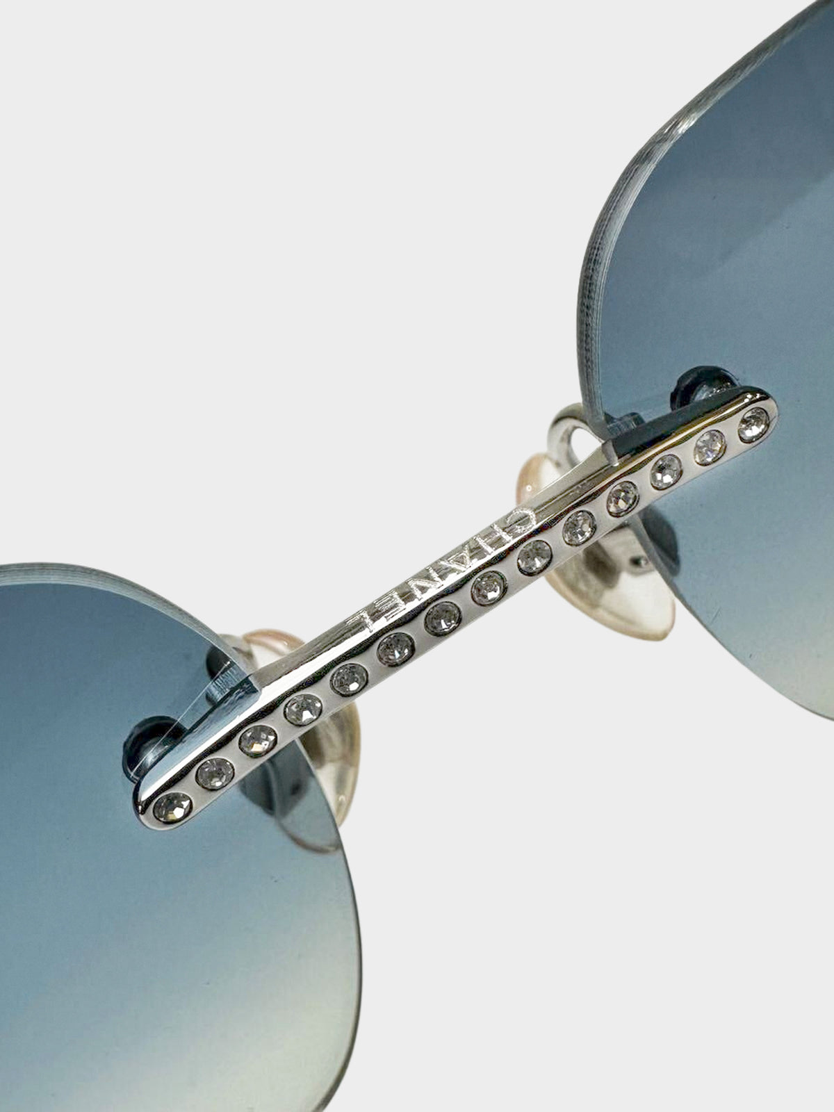 Chanel 2000s Gradient Blue Rhinestone Rimless Sunglasses