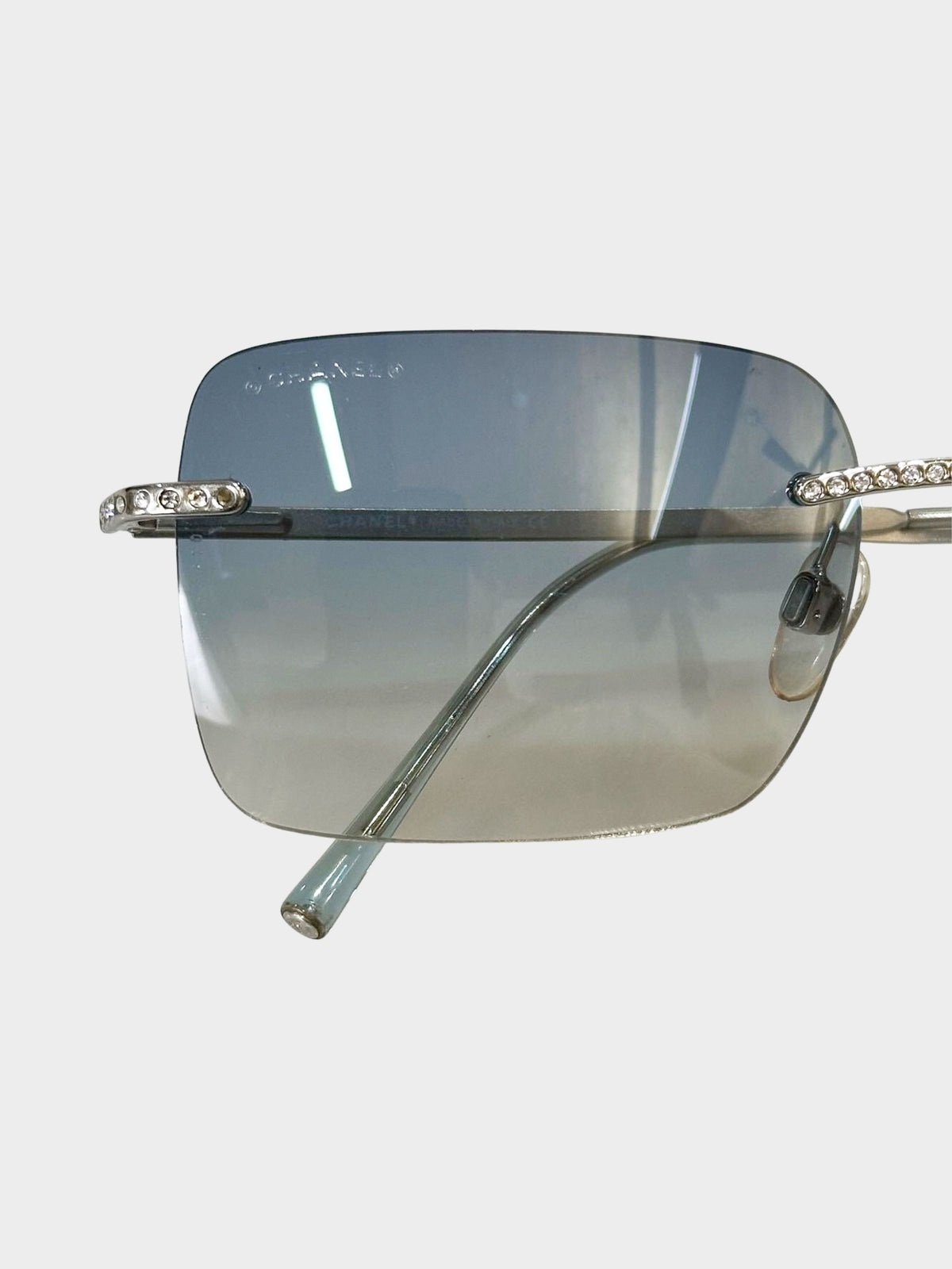 Chanel 2000s Gradient Blue Rhinestone Rimless Sunglasses