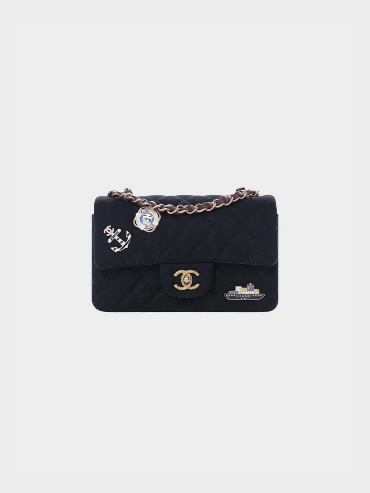 Chanel 2018 Black Felt Quilted Paris-Hamburg Charms Mini Rectangular Flap Bag