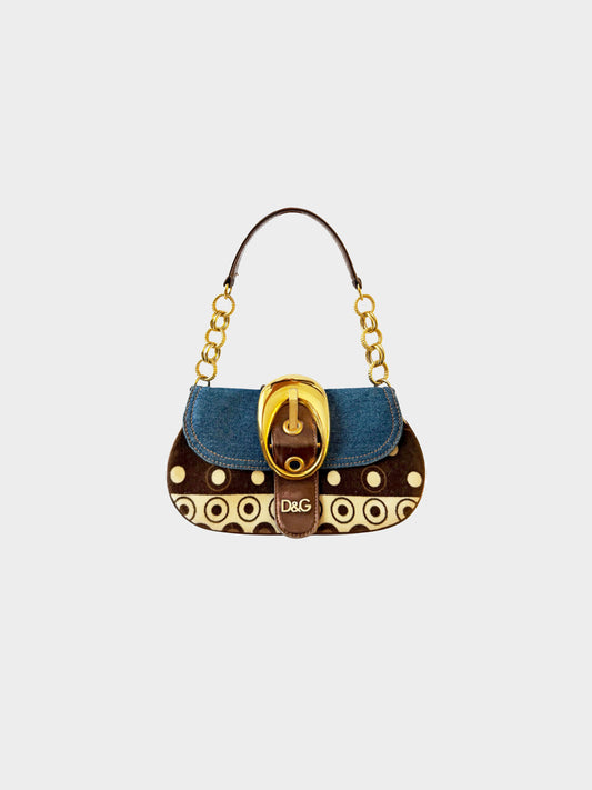 Dolce and Gabbana 2000s Blue Denim and Brown Shoulder Bag with Large Buckle