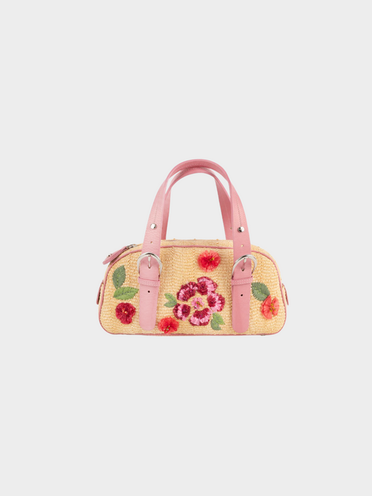 Christian Dior 2005 Natural Straw Wicker Frame Floral Handbag