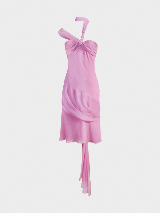 Christian Dior FW 2005 Pink Strapless Chiffon Silk Midi Dress