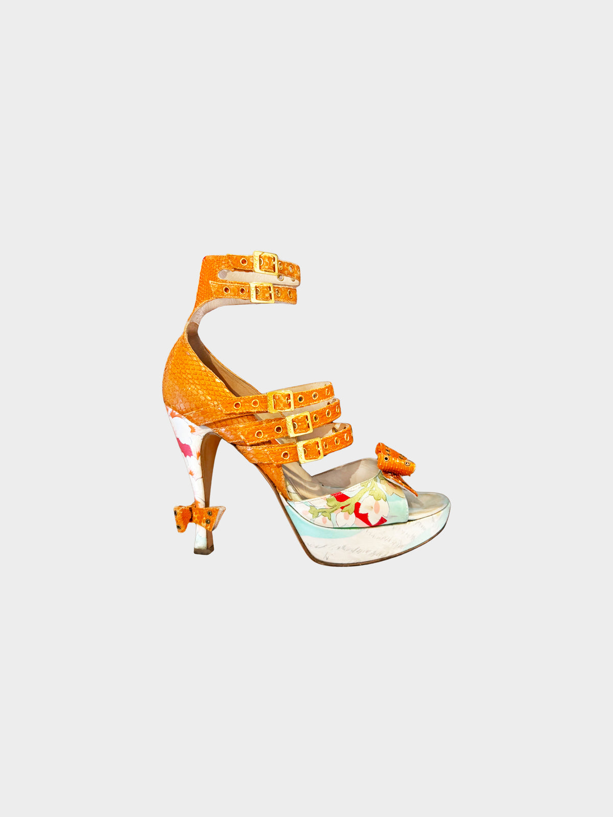 Christian Dior by John Galliano 2003 Brown Python and Satin Oriental Floral Print Heels