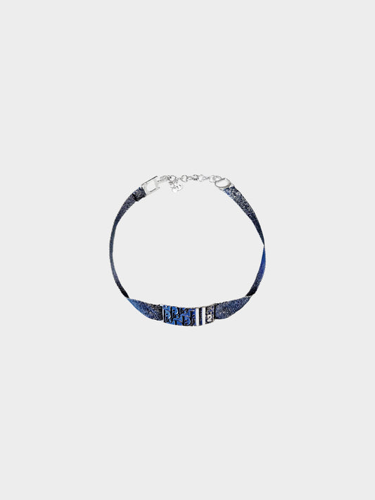 Christian Dior 2000s Denim Blue Trotter Logo and Glittered Fabric Choker
