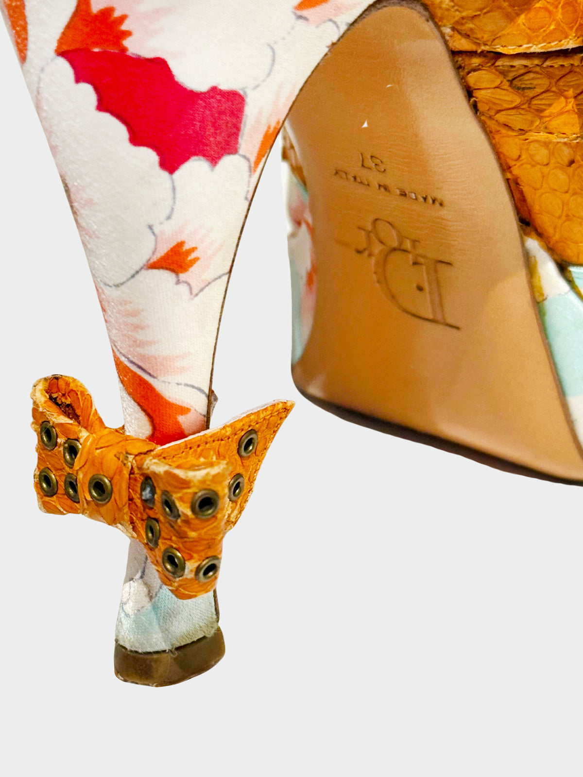 Christian Dior by John Galliano 2003 Brown Python and Satin Oriental Floral Print Heels