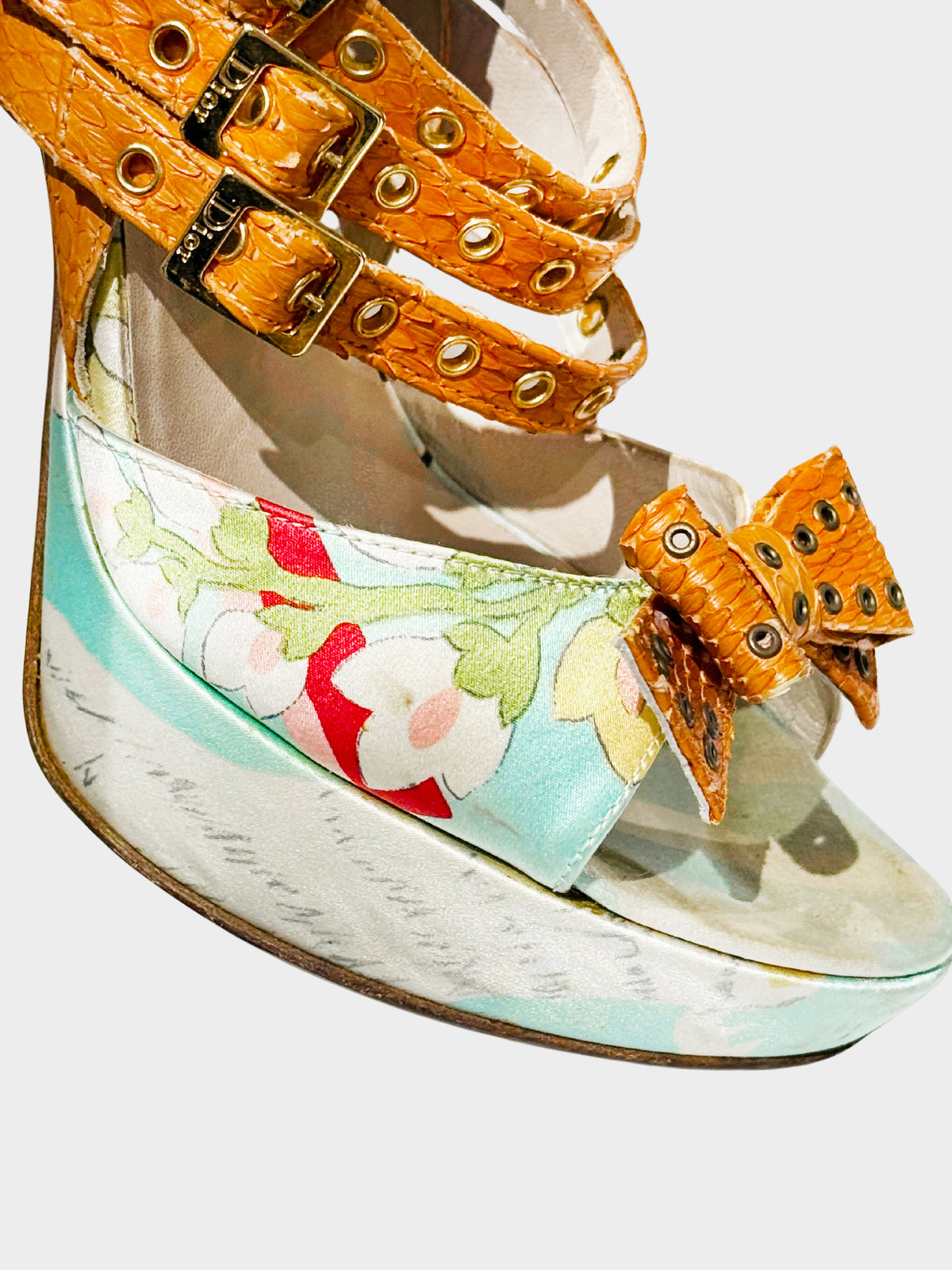 Christian Dior by John Galliano 2003 Brown Python and Satin Oriental Floral Print Heels
