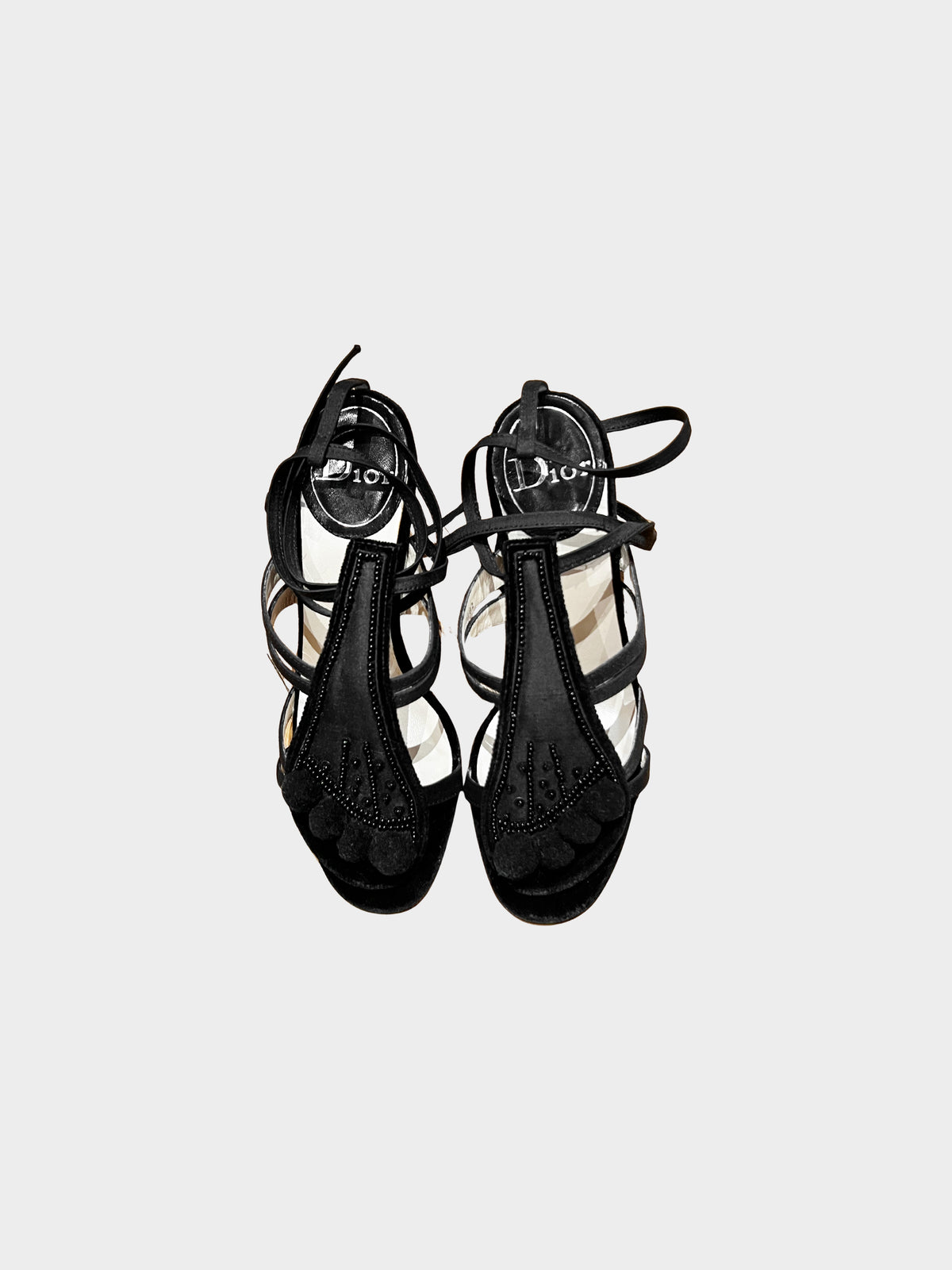 Christian Dior Early 2000s Black Satin Beads and Sequin-Embellished Feet Motif Pom Pom Heels