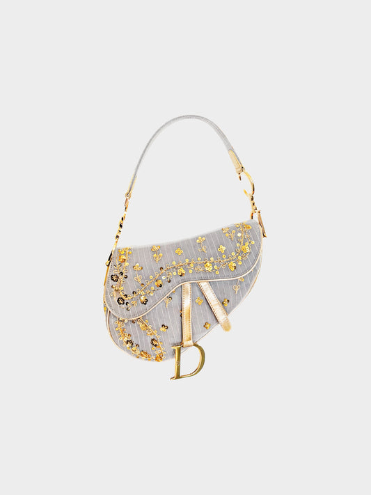 Christian Dior 2003 Limited Edition Grey Pinstripe and Gold Sequins Saddle Bag