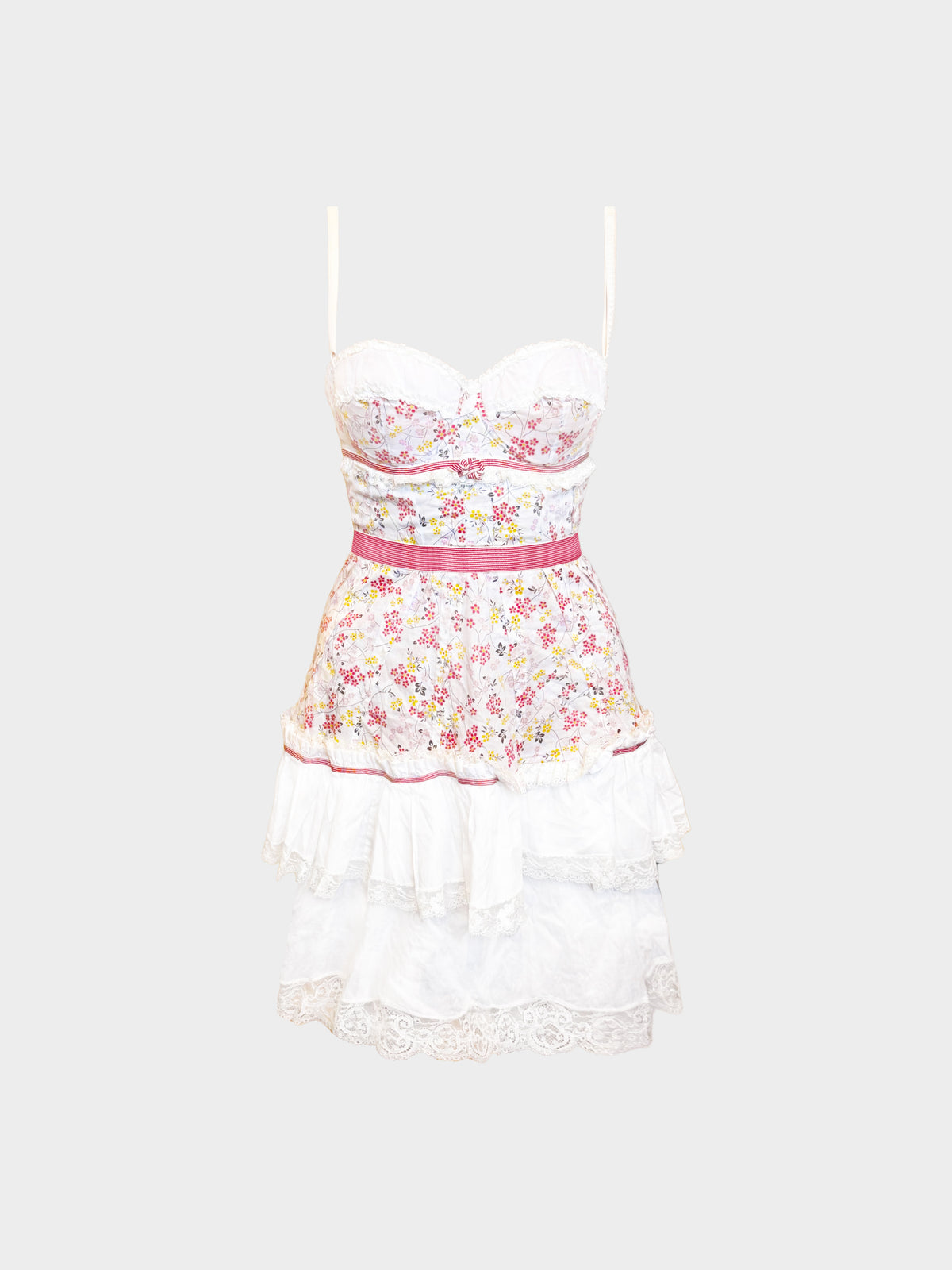 Dolce and Gabbana 2000s White Lace and Multicolored Floral Print Dress