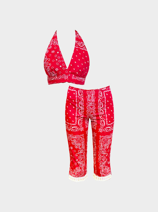 Dolce and Gabbana 2000s Red and White Bandana Print Capri Set