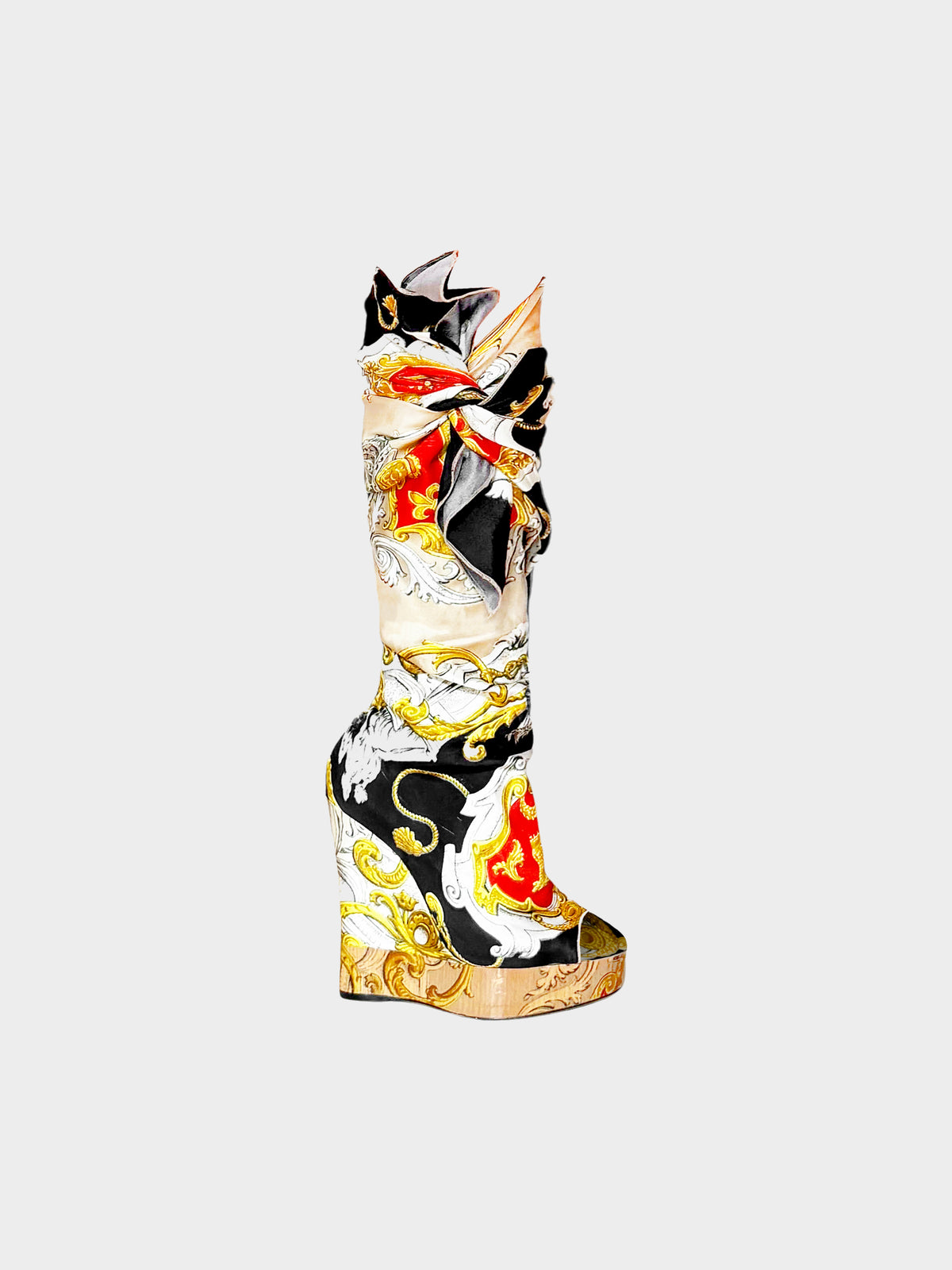 Dolce and Gabbana SS 2012 Multicolored Baroque Print Scarf Peep Toe Wedge Boots