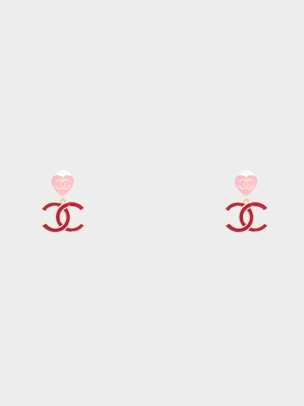 Chanel 2024 Red and Pink Metal Enamel CC Heart Drop Earrings