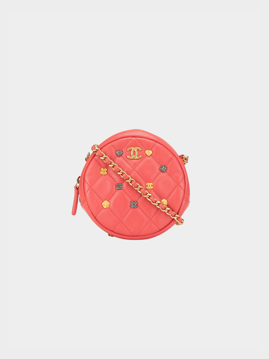 Chanel 2018-2019 Pink Quilted Lambskin Lucky Charms Round Chain Clutch