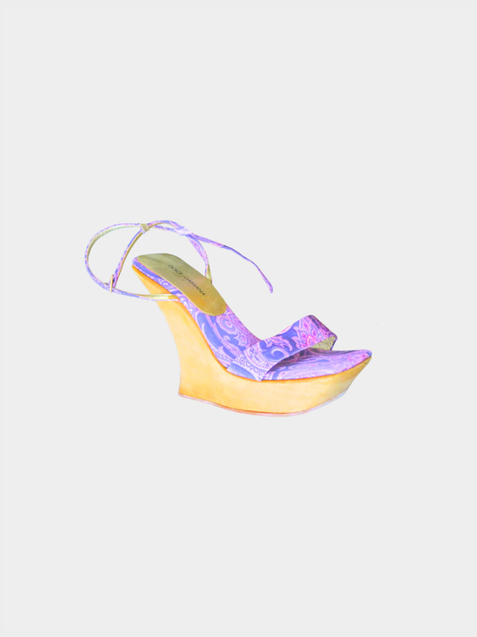 Dolce and Gabbana 2000s Purple Bandana Print Wooden Heels
