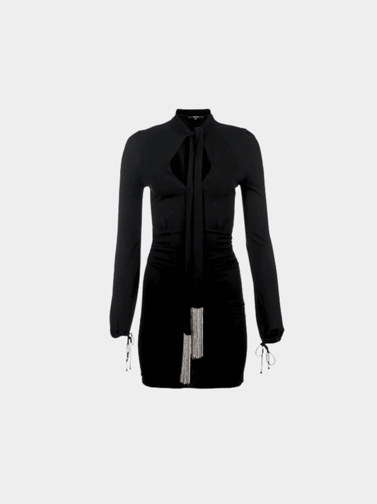 Gucci FW 2006 Runway Black Chain Fringe Low Cut Long Sleeve Dress