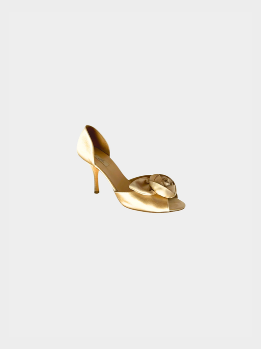 Prada 2000s Gold Rosette Satin Heels
