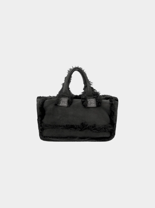 Chanel 2007-2008 Black Shearling Trim Tote Bag