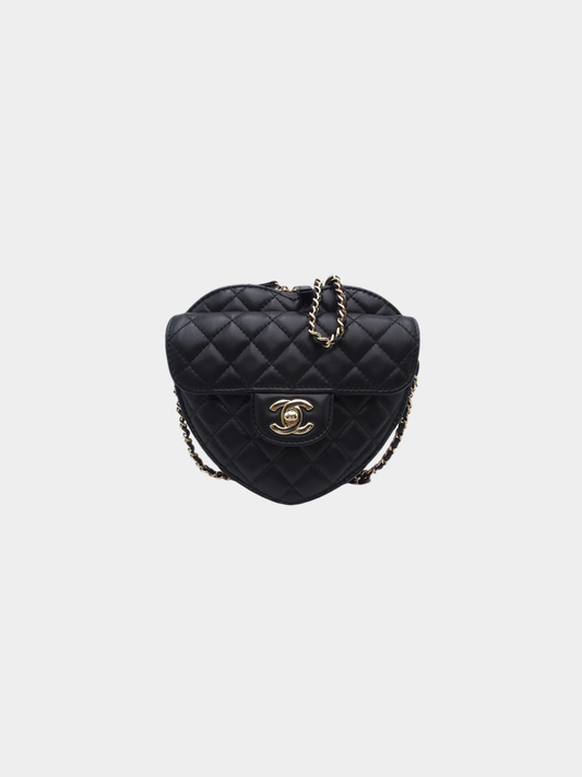 Chanel 2020s Black Lambskin Quilted CC In Love Mini Heart Bag