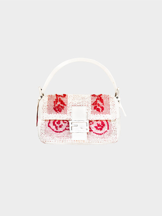 Fendi 2000s Rare White and Red Embroidered Baguette