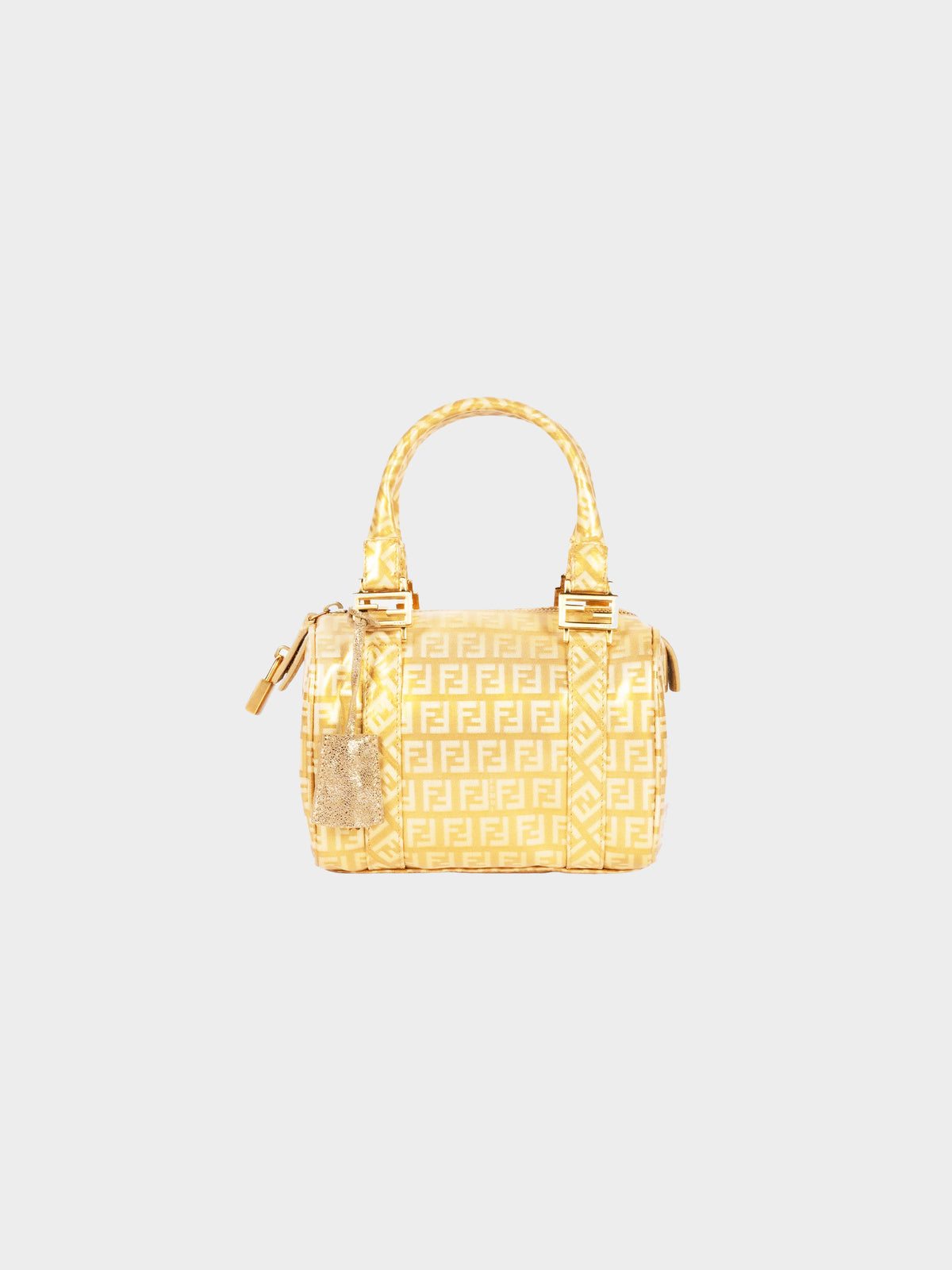Fendi 2000s Gold and Beige Coated Canvas Zucchino Mini Bauletto Boston Bag