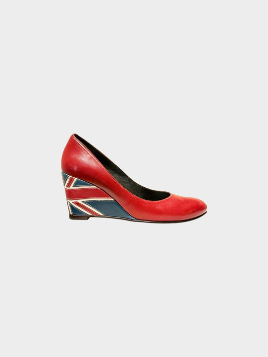 Katharine Hamnett 2000s Red Leather Union Jack Motif Wedge Pumps