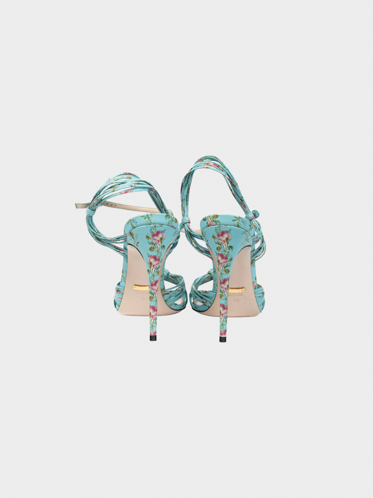 Gucci Pre-Fall 2017 Allie Light-Blue Floral-Print Leather Knotted High-Heel Sandals
