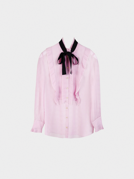 Gucci Resort 2016 Pink Silk Pleated Ruffle Tie-Neck Shirt