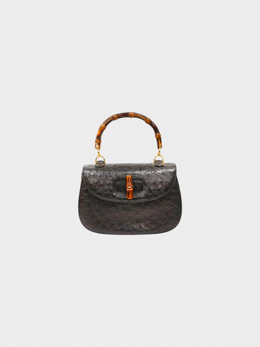 Gucci 1980s Black Ostrich Leather Bamboo Turn Lock Handbag