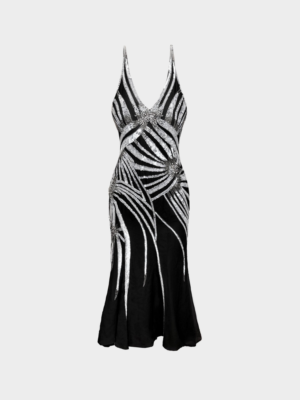 Gai Mattiolo 1990s Black Silk Chiffon Silver Sequin and Beads Embellished Long Dress